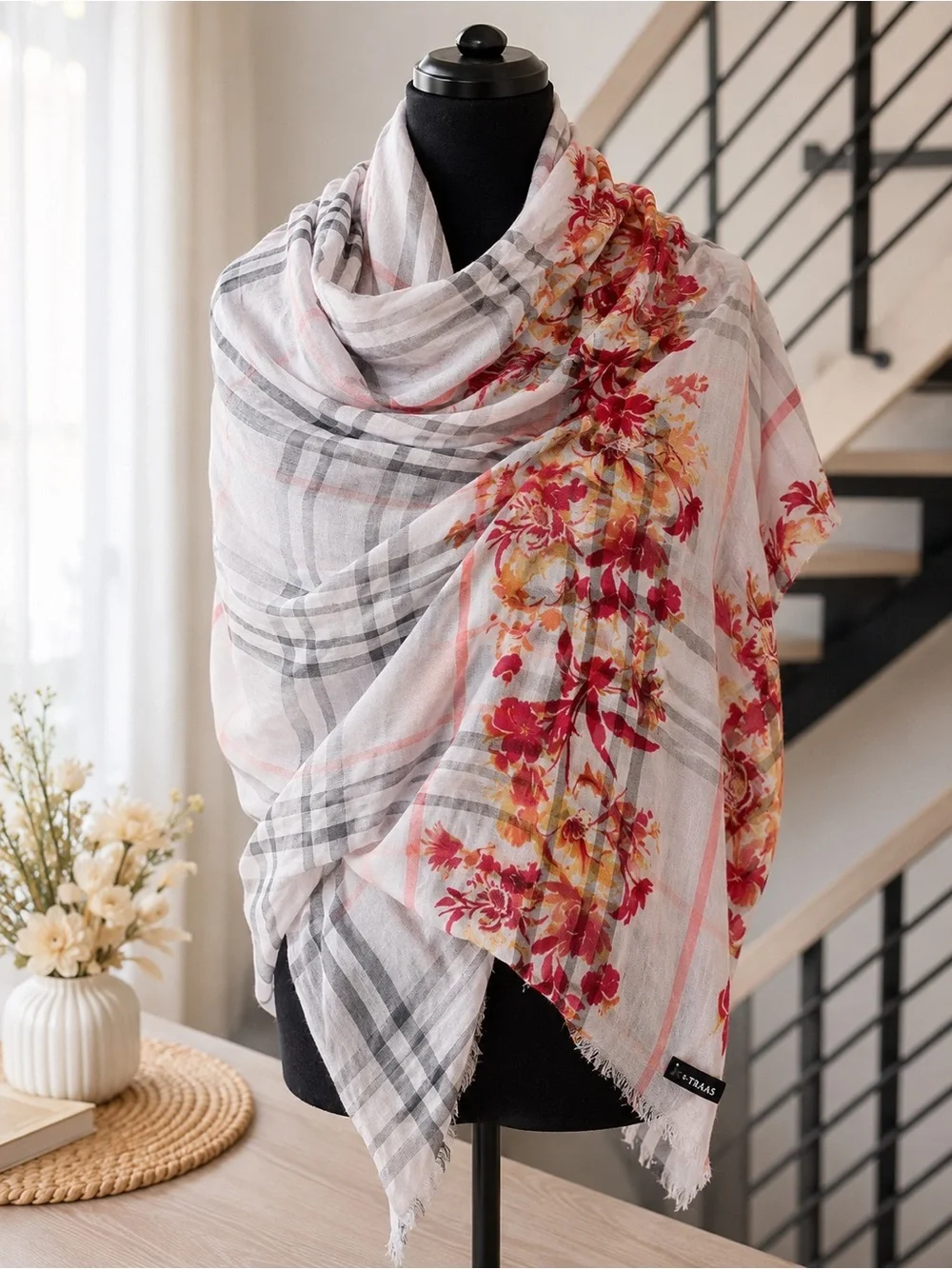 Floral Plaid Lightweight Scarf - Red, Yellow, Gray on White